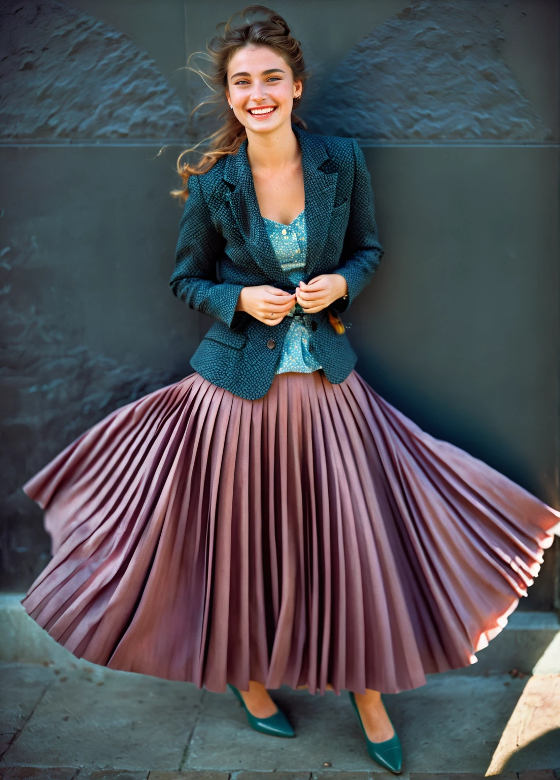 A smiling, authentic, (shy:1,3), kind, beautiful woman, is passionately in love with her skirt, wind wildly lifts her skirt, wearing uniform jacket and very, very detailed (long (fully pleated) full circle skirt) and (low heeled court shoes), very, very intricate hyper-detailed symmetric (attractive graceful young feminine face) with (sad, tired eyes and a loving smile), very voluptuous breasts, full of empathy and compassion and love, (pronounced (feminine) features), (highly detailed ultra accurate realistic) hands and fingers, (windy), epic composition, highly detailed attributes, (35mm f1.4 Kodak portra 400 photograph), extremely high quality RAW photograph, highly detailed atmosphere, sci-fi, cinematic shot, dynamic lighting, 75mm, Technicolor, Panavision, cinemascope, sharp focus, fine details, 8k, HDR, realism, realistic, key visual, film still, superb cinematic color grading, depth of field