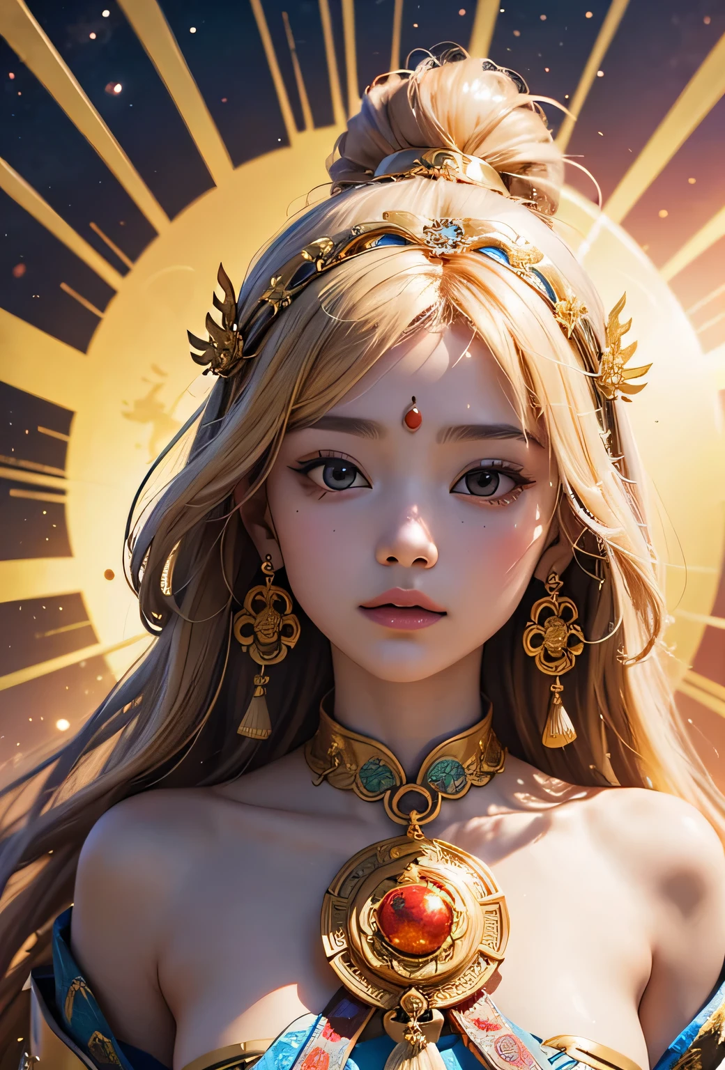 "Child of the Sun, Goddess of Love": Within a sacred sanctuary bathed in sunlight, depict the figure of a sun goddess who governs love, facing forward and emanating divine radiance. She is a , around 3 years old. Zoom in to focus on her face, with a gleaming orb of light in her hands, representing the life-giving power of the sun. Her hair is shimmering gold, and she is wearing a traditional miko outfit as seen in Japanese shrines. The background should be predominantly gold, evoking a sense of divine splendor, with numerous heart-themed objects expressing the beauty of love. The setting is in heaven, enveloped in soft, bright light, where one can find tranquility and peace of mind, free from any trace of anxiety.Straight-on.
