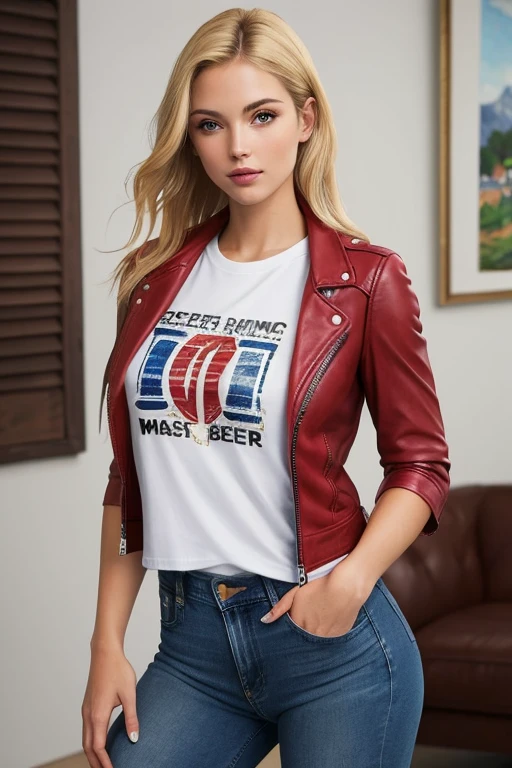 ((best quality)), ((masterpiece)), (detailed), beautiful blonde American women, wearing red leather jacket over white printed t-shirt and blue jeans, in home 