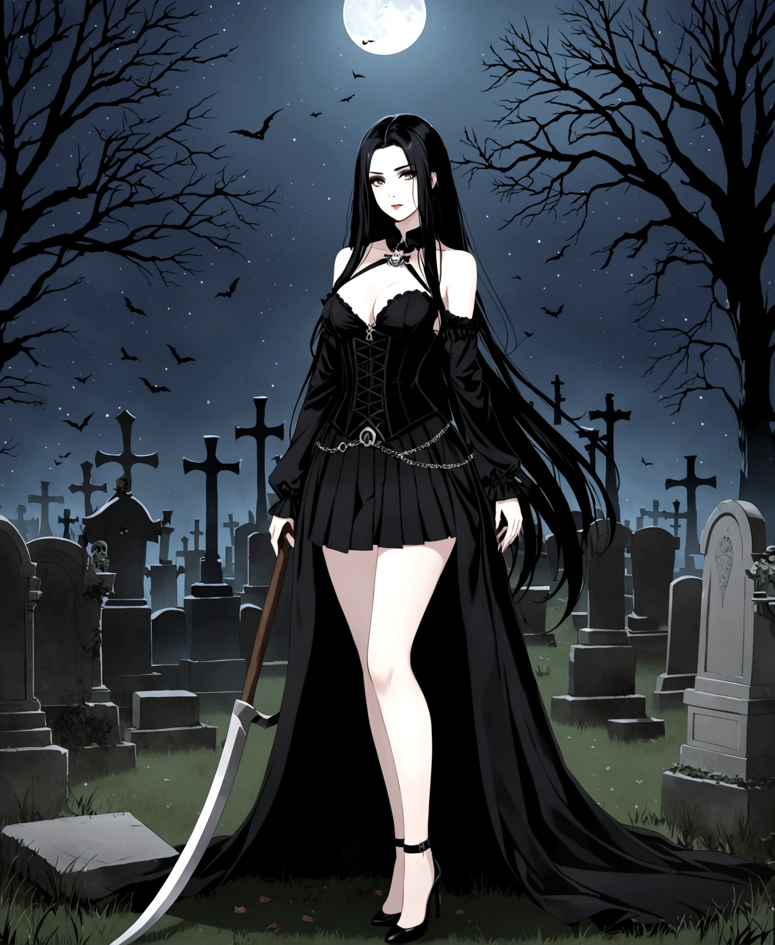 A woman, necromancer, beautiful, pale skin, scythe, at night, in a cemetery, surrounded by corpses, fitted clothes, black clothes, pleated mini-skirt, corset, low-cut blouse, hourglass body, shapely legs, medium hips, medium waist, medium breasts, extremely long hair