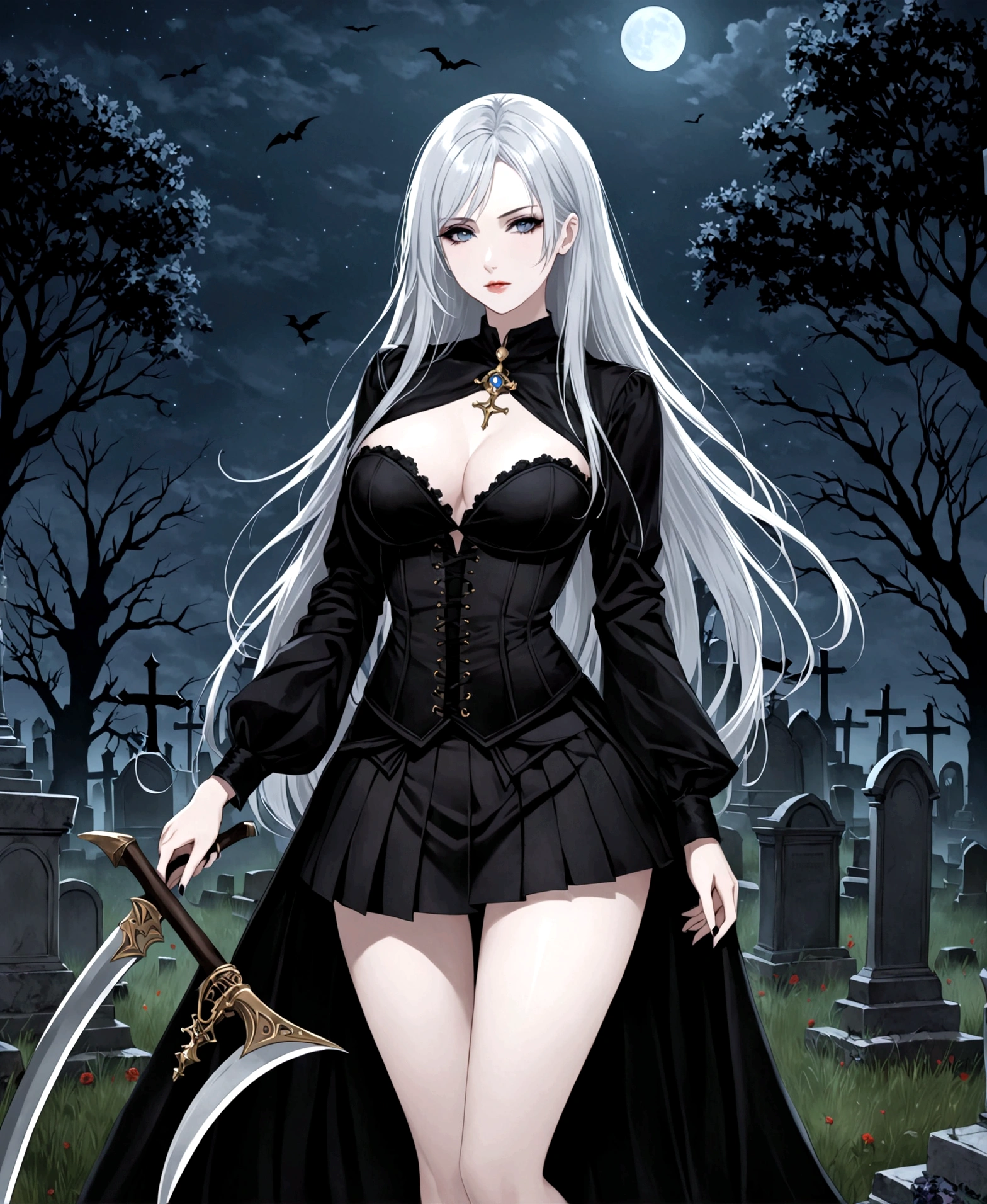 A woman, necromancer, beautiful, pale skin, scythe, at night, in a cemetery, surrounded by corpses, fitted clothes, black clothes, pleated mini-skirt, corset, low-cut blouse, hourglass body, shapely legs, medium hips, medium waist, medium breasts, extremely long hair