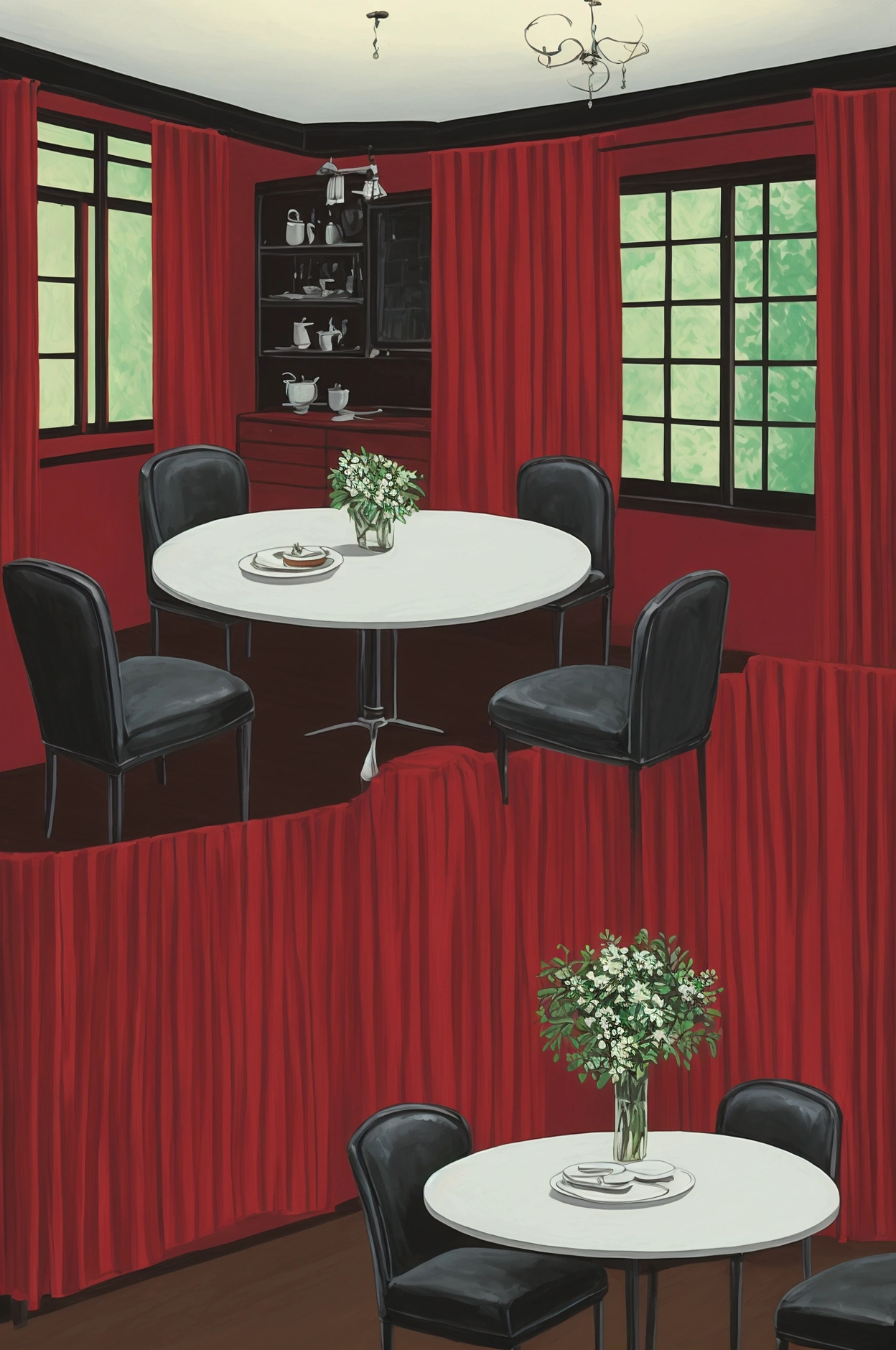 A photo of the dining room table with silver plates and decorations. In front is an open kitchen with black leather couches and white cabinets—modern home decor with white walls and warm lighting. The photo was shot from a phone camera. A plate with round grey balls sitting next to each other with no ceiling lights on 8k, super detail, best quality