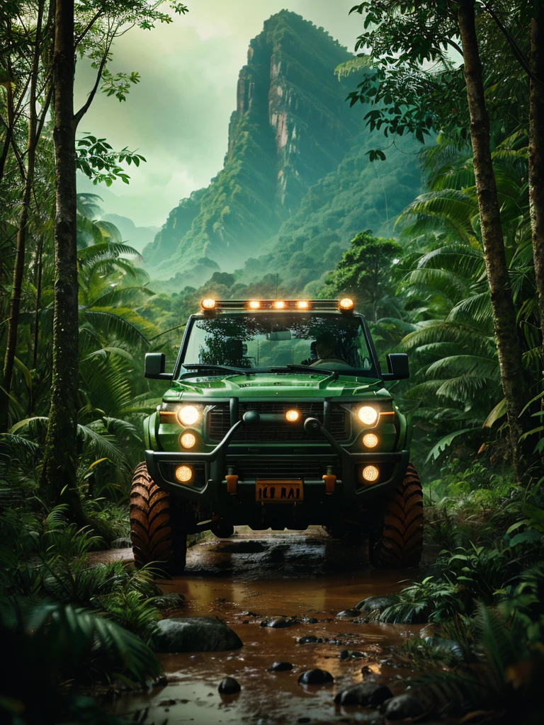 A rugged orange 4x4 vehicle drives through a muddy, rocky path in a lush, green jungle. Rain is falling, and the vehicle is covered in mud. The image is framed by tall trees and mountains in the distance. Write without spelling mistake, The text "ONE LIFE LIVE IT" is superimposed on the image.The mood is adventurous and exciting. The style is realistic and cinematic, with a focus on the vehicle and the natural beauty of the surroundings. The image is shot from a low angle, emphasizing the size and power of the vehicle. The lighting is soft and natural, with a focus on the rain and the lush greenery. The colors are vibrant and saturated, with a focus on the orange of the vehicle and the green of the jungle. The image is rendered in high detail, with a focus on the texture of the mud and the leaves. The background is blurred, drawing the viewer's attention to the vehicle and the path ahead.