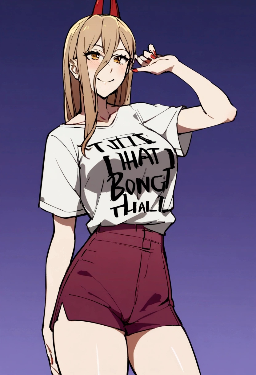 1 girl,smiling wearing a shirt ,big purple ,that borders the thigh , text is written on the shirt: Harl, with a bold look.,