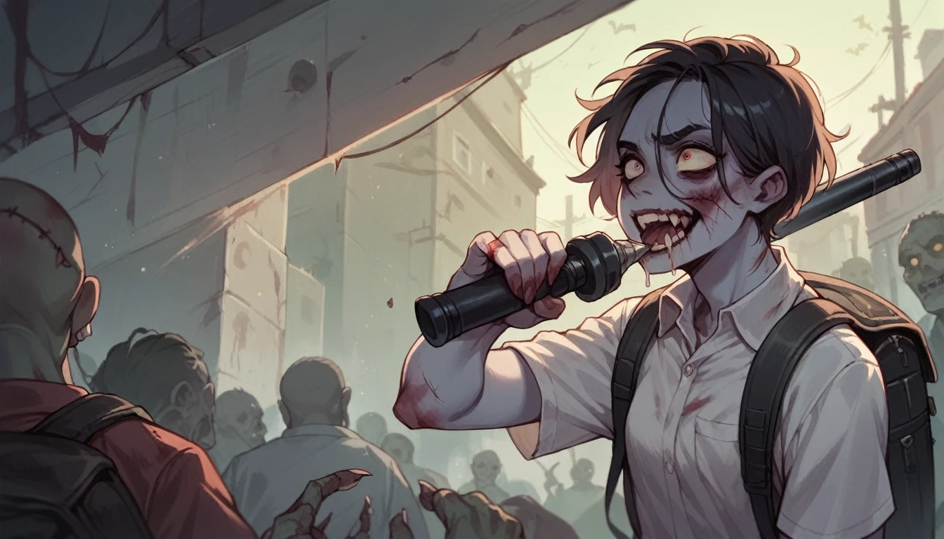 create a realistic scene where a zombie with sinister eyes and exposed wounds on its body is trying to attack a person, the person attacked is holding a flashlight and wearing a backpack, the zombie is trying to bite the victim's neck but the victim is resisting.