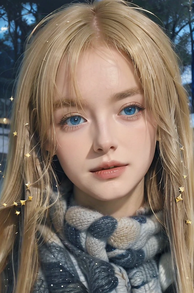 A beautiful woman with blue eyes and blond hair is looking at the starry sky. Your gaze is full of admiration and wonder, while the stars shine brightly in the night sky. Blonde hair reflects the soft starlight, creating a golden halo around your head. The serenity and beauty of the moment are palpable, making the scene look almost magical.