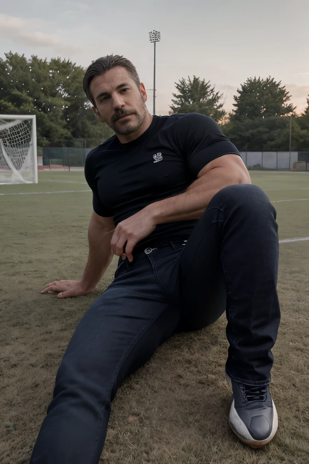 (((Muscular man))) masterpiece, best quality, high resolution, closeup portrait, male focus, solo focus, A man, 50 years old, grey hair, soccer player, football player, grey silver hair, messy hairstyle, cute and seductive face, bare chest, body hair, facial hair, roman nose, , hairy legs, cute, dimples, goatee and mustache, bold jawline , full body, sweaty, in the background an outdoor soccer football field, amazing composition, , HDR, ultra quality, elegant, highly detailed,, beautiful asd, realisric male genitalia (((Big muscles))) (((black jeans))) (((lay down))) penis out