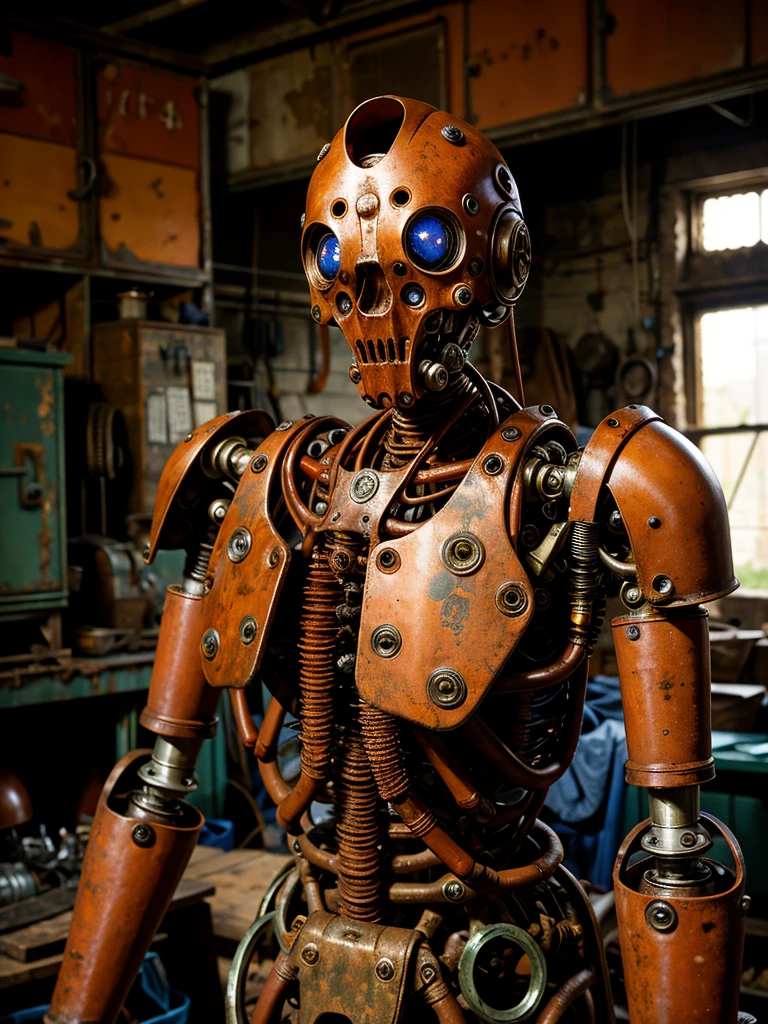 Old cyborg, rusty mechanical body, mechanical body parts, ((rust)), gloomy face, mechanical eyes, rusty exoskeleton, in a tattered workshop, looking at the viewer, gloomy atmosphere,