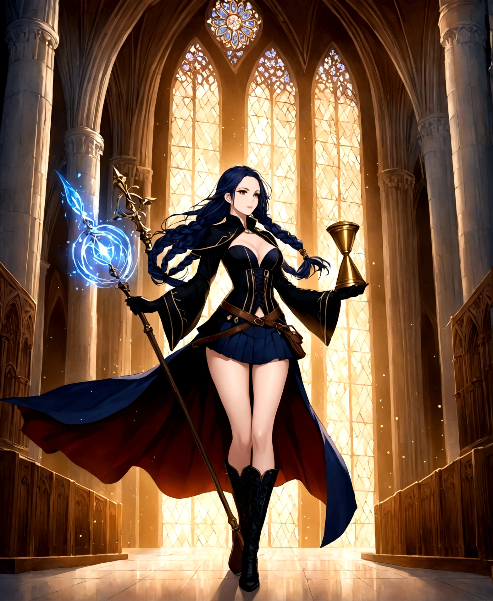 A woman, elemental mage, beautiful, pale skin, staff, gloves fitted to the hands, dawn, in the tower of a cathedral, surrounded by magic, fitted clothing, black clothing, pleated miniskirt, corset, low-cut blouse, hourglass body, shapely legs, medium hips, medium waist, medium breasts, extremely long hair combed in a braid,