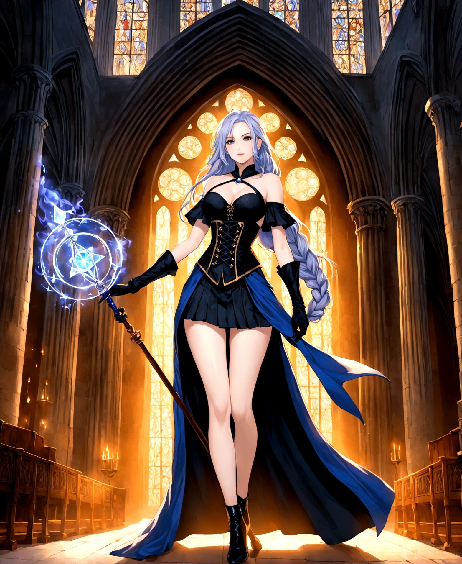 A woman, elemental mage, beautiful, pale skin, staff, gloves fitted to the hands, dawn, in the tower of a cathedral, surrounded by magic, fitted clothing, black clothing, pleated miniskirt, corset, low-cut blouse, hourglass body, shapely legs, medium hips, medium waist, medium breasts, extremely long hair combed in a braid,