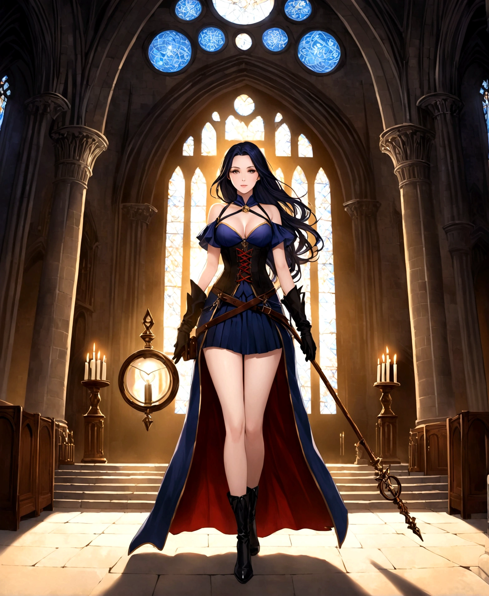 A woman, elemental mage, beautiful, pale skin, staff, gloves fitted to the hands, dawn, in the tower of a cathedral, surrounded by magic, fitted clothing, black clothing, pleated miniskirt, corset, low-cut blouse, hourglass body, shapely legs, medium hips, medium waist, medium breasts, extremely long hair combed in a braid,