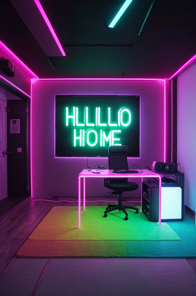 Create an image of A youTube studio room with a subtitle neon glow make a statement with a bold  @sohillkhanbaloch lettering make sure the text hello is not misspelled