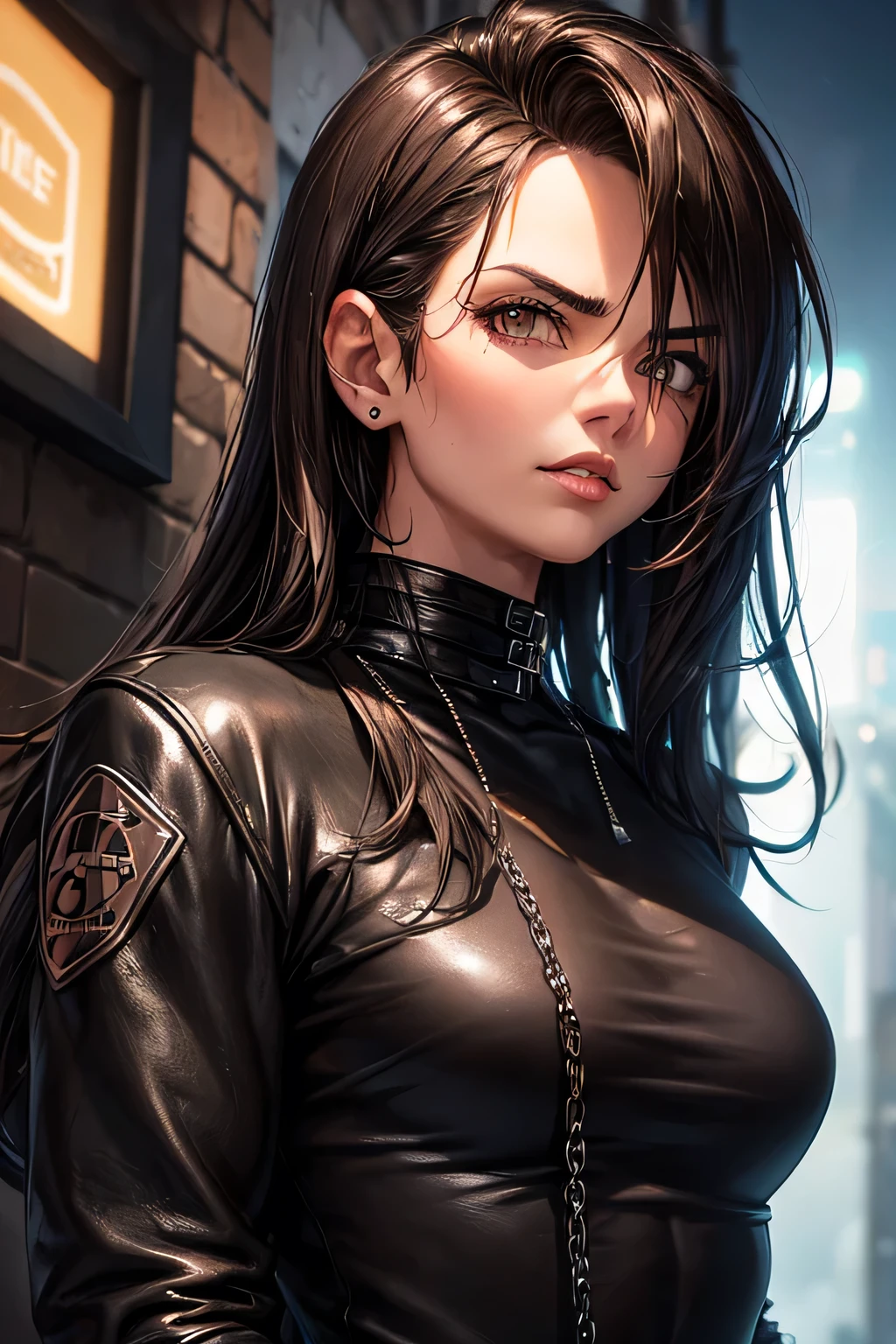 (Night backstreet:1.3), (woman:1.3), closeup, (full lips:1.1), (scowl:1.2), (detail:1.4), leather jacket, (muscular:1.3), (brown eyes:1.2), (black long messy hair:1.2), (black tee-shirt with logo:1.3), jeans with chains, threatening posture