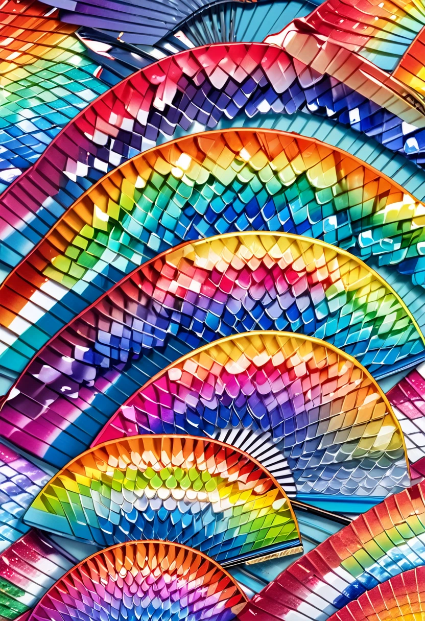 a rainbow colored japanese folding fan made of scales