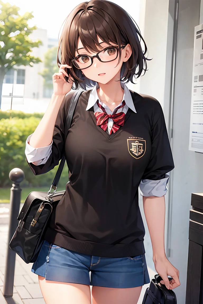 Girl with short brown hair, and brown eyes, wearing a school outfit, with black round glasses