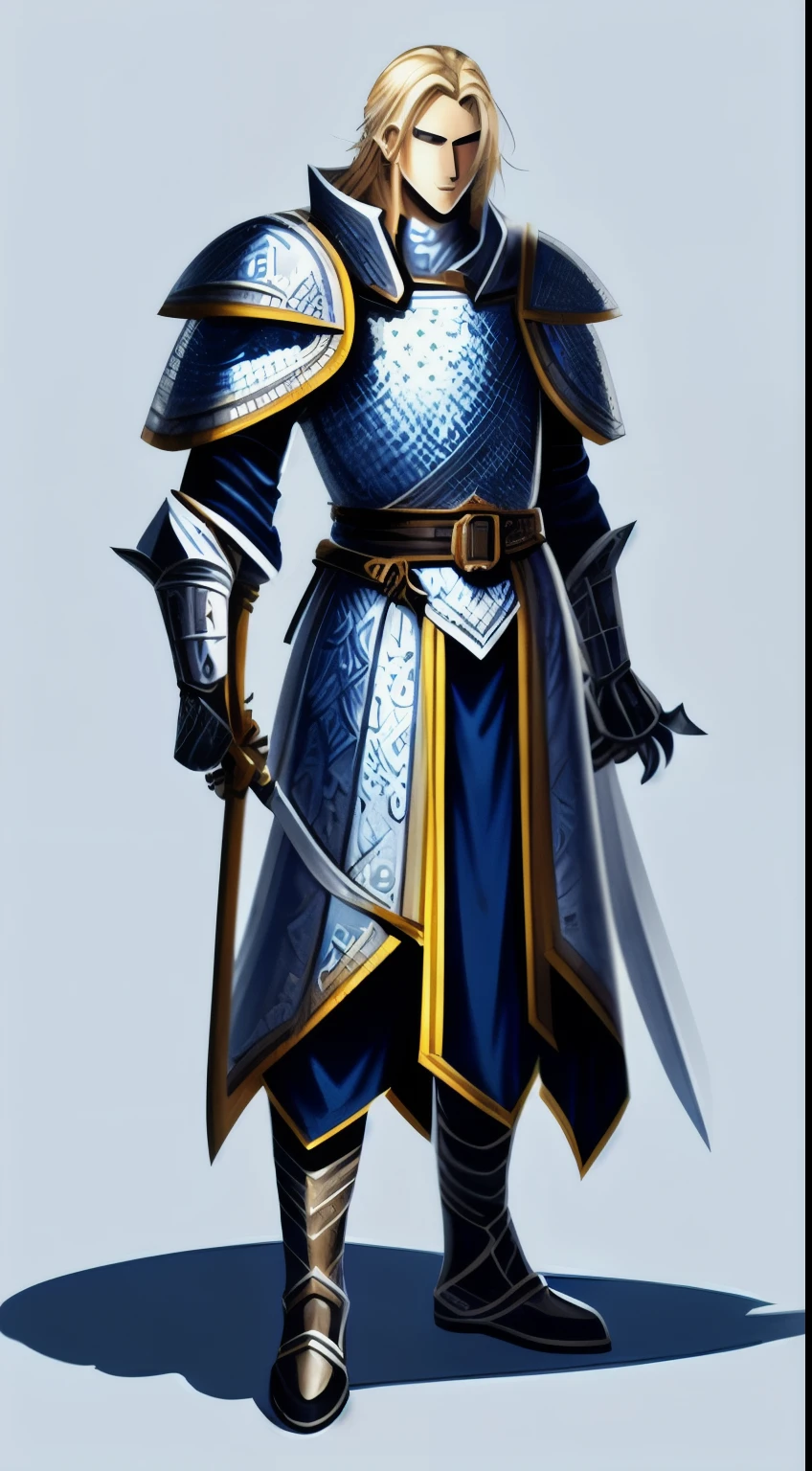 A tall man, Mysterious man，With sharp blue eyes and, blond, Wearing armor，There are also ancient,Holding a big sword.Game character concept design，White background，Medieval style，Dark style