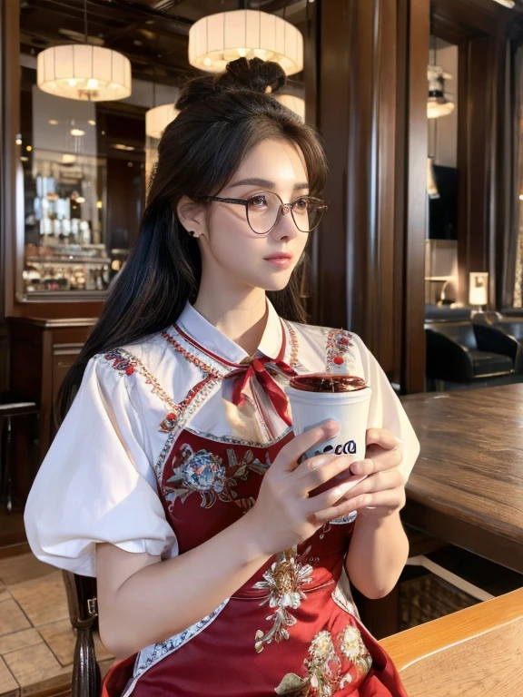 (8k, best quality, masterpiece), highly detailed, Masterpiece, realistic lighting, masterpiece, best quality, masterpiece, official artwork, highly detailed 8k unity CG wallpaper, age woman with cute face, long black hair and hair tied in a ponytail with a beautiful diamond ribbon, elegant and beautiful, wearing glasses, wearing a long red shift dress with rainbow embroidery, breasts look big, wearing high heels, sitting drinking a cup of coffee in a cafe.