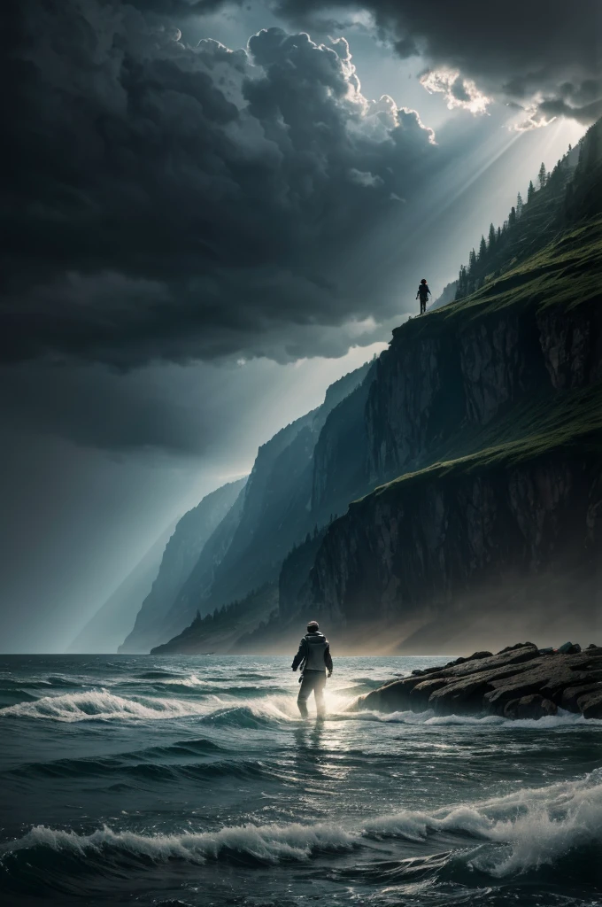 Messi walking on water in a storm, gentle expression, rays of light coming down from the sky, Masterpiece, of the highest quality, high quality, Highly detailed CG Unit 8k wallpaper, award-winning photos, bokeh, depth of field, HDR, Bloom, chromatic aberration, realist, Very detailed, trend on Artstation, trend on CGsociety, Complex, high detail, dramatic, mid-journey art, volumetric lighting