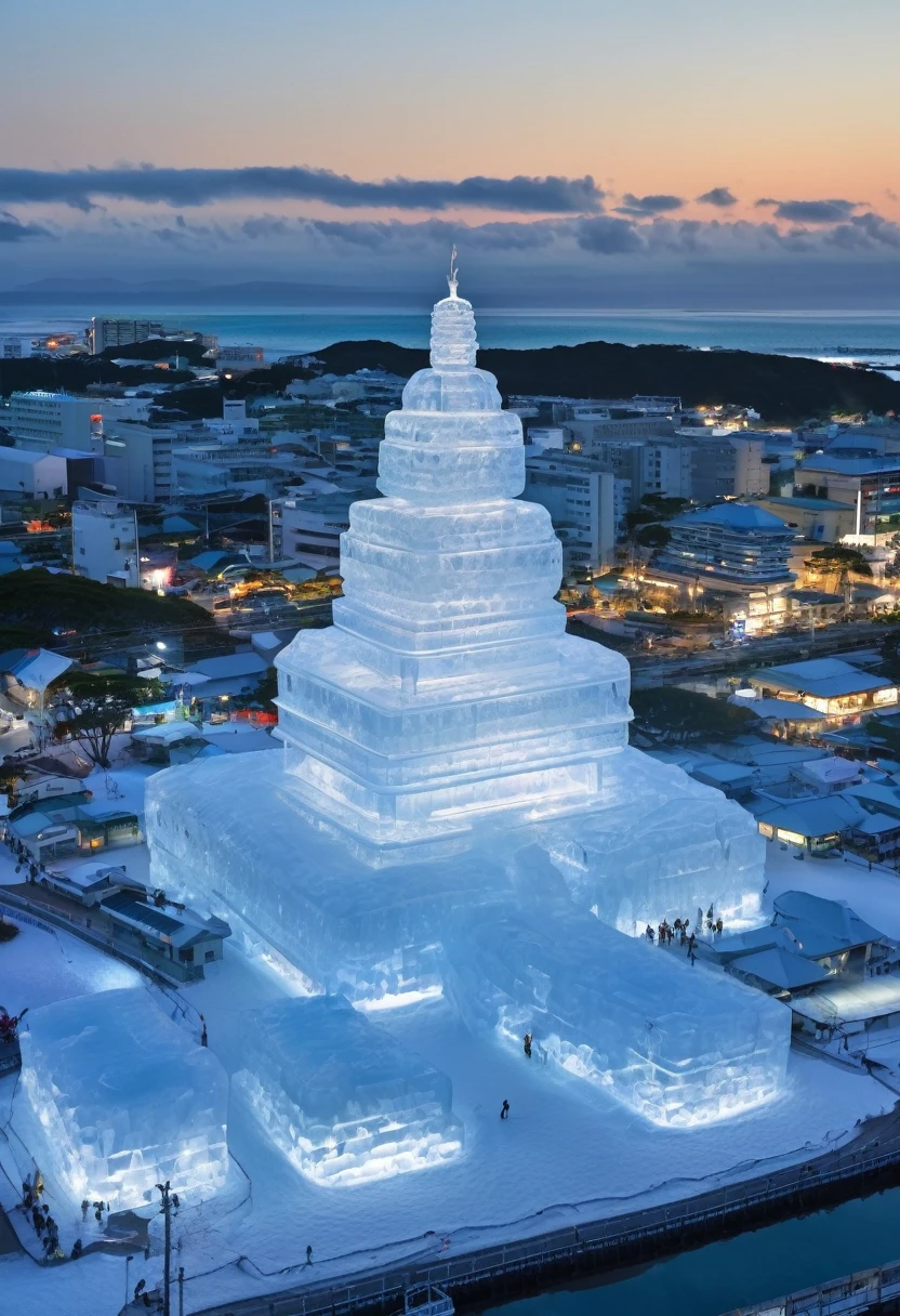 A giant ice sculpture of Okinawa's shisa is being made.、photograph、Realistic、Looking up from below、In Naha、