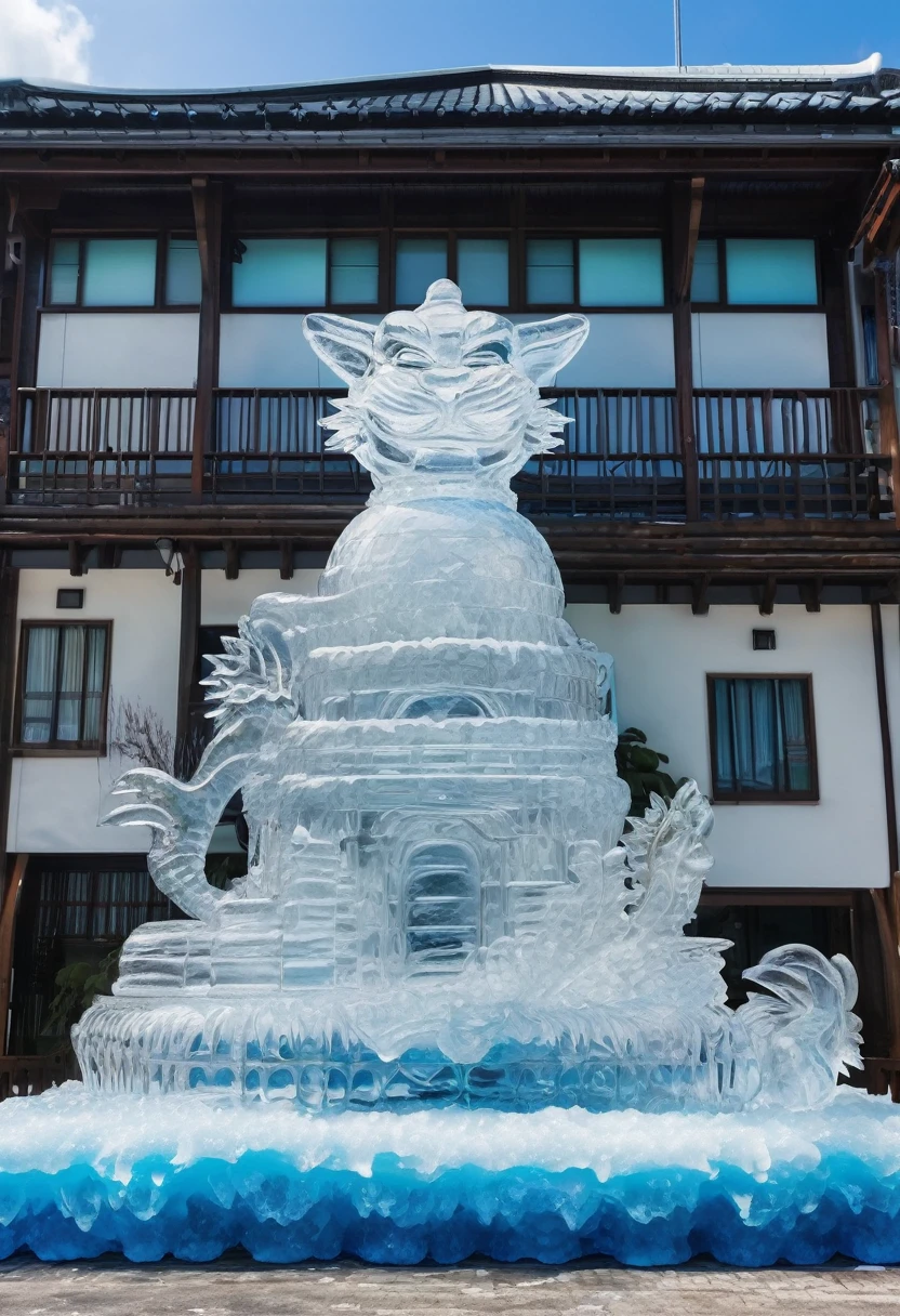 A giant ice sculpture of Okinawa's shisa is being made.、photograph、Realistic、Looking up from below、In Naha、