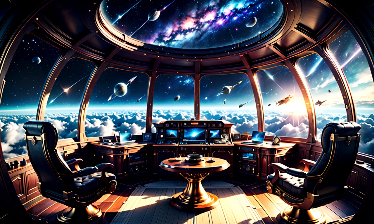 Spectacular views of the galaxy from an airship cabin, (Ultra-high resolution,8K),Fantasy, The world of picture books
