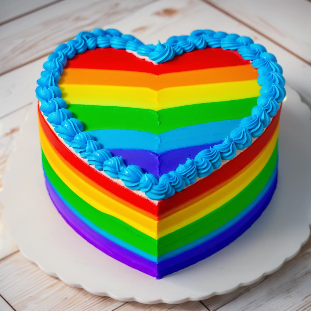 on a wooden table, worth a heart shaped cake, rainbow gradient cream cake, Cream cake , cream texture, Realistic style, realistic texture, bright lighting, high quality, detailed texture, Beautiful light from the window, beautiful lighting, high detail,  ultra 4k hd 