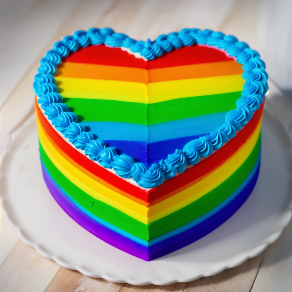 on a wooden table, worth a heart shaped cake, rainbow gradient cream cake, Cream cake , cream texture, Realistic style, realistic texture, bright lighting, high quality, detailed texture, Beautiful light from the window, beautiful lighting, high detail,  ultra 4k hd 