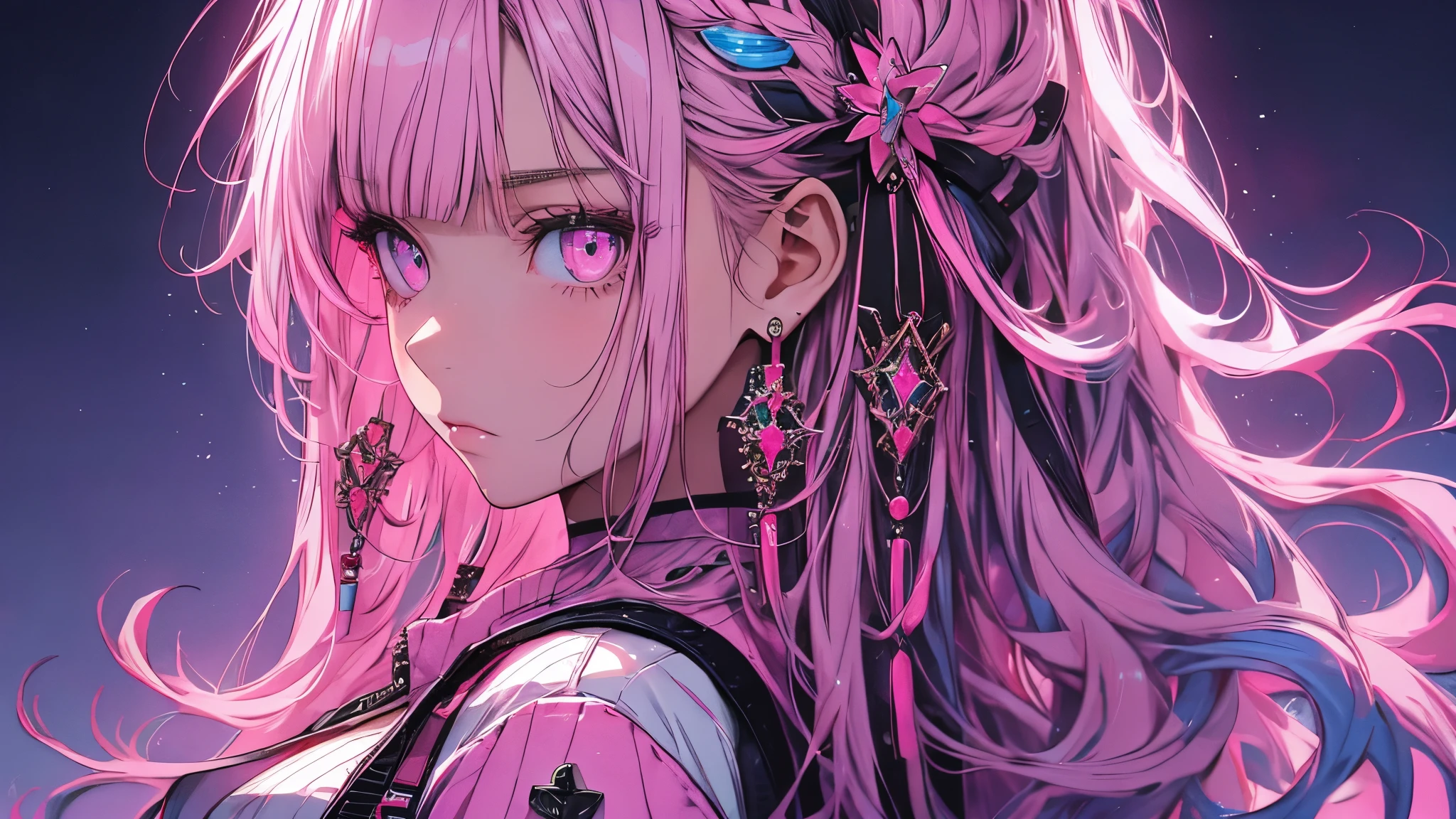 Hongliu, 1 girl, alone, long hair, looking at the viewer, blue eyes background, white background, jewelry, closed mouth, Jacket, Upper body, pink hair, earrings, pink eyes, necklace, From the side, sweater, lips, eyelash, compensate, wavy hair, earrings, cross, lipstick, ear earrings, eye shadow, hoop earrings, pink lips, multicolored eyes, pink theme, , pink eye shadow,
