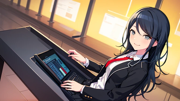 Ichika 3rd, View your viewers, smile, skirt, , shirt, Long sleeve, Holding, Mouth closed, , Black Hair, Jacket, white shirt, Upper Body, pleated skirt, Open clothes, tie, Using a computer