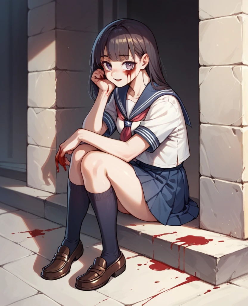 score_9,score_8_up,score_7_up, (best quality, masterpiece), very aesthetic, absurdres, high res, detailed face, realistic, Ray Tracing, 1girl, AthenaKOFXIV, red hairband, hair ribbon, purple hair, red choker, serafuku, pearl (gemstone), short sleeves, red skirt, fingerless gloves, medium breasts, cleavage, black thigh-highs, white panties, frilled bra, textured skin, (injury skin, scar skin, bleeding skin), (Exploding Clothes, torn clothes, cloth pieces, torn skirt:1.25), BREAK rating_questionable, sit, knees up, (one eye Closed), tears, sigh, blush, sweat, saliva trail, wind lift, (outdoors, alley), cinematic lighting, diffraction spikes, three quarter view, Panty shot,