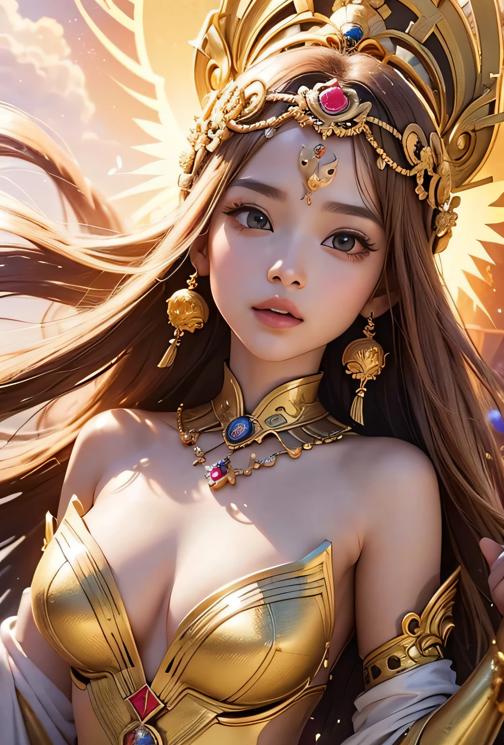 "Child of the Sun, Goddess of Love": Within a sacred sanctuary bathed in sunlight, depict the figure of a sun goddess who governs love, facing forward and emanating divine radiance. She is a , around 3 years old. Zoom in to focus on her face, with a gleaming orb of light in her hands, representing the life-giving power of the sun. Her hair is shimmering gold, and she is wearing a traditional miko outfit as seen in Japanese shrines. The background should be predominantly gold, evoking a sense of divine splendor, with numerous heart-themed objects expressing the beauty of love. The setting is in heaven, enveloped in soft, bright light, where one can find tranquility and peace of mind, free from any trace of anxiety.Straight-on.
