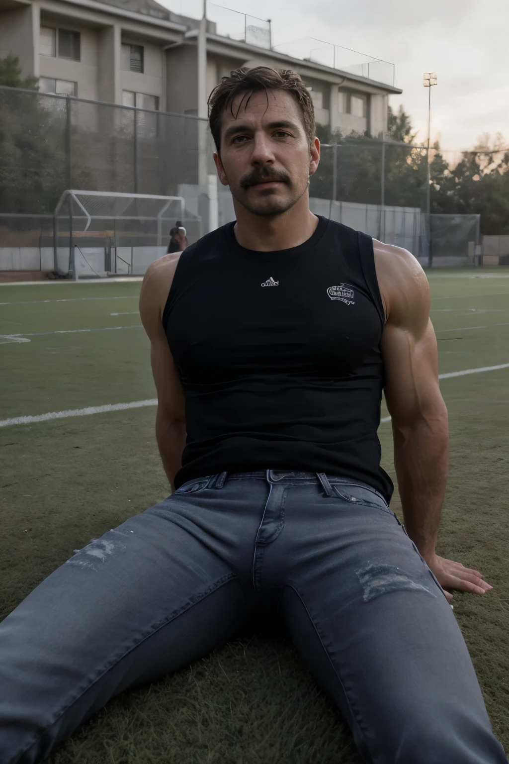 (((Muscular man))) masterpiece, best quality, high resolution, closeup portrait, male focus, solo focus, A man, 50 years old, grey hair, soccer player, football player, grey silver hair, messy hairstyle, cute and seductive face, bare chest, body hair, facial hair, roman nose, , hairy legs, cute, dimples, goatee and mustache, bold jawline , full body, sweaty, in the background an outdoor soccer football field, amazing composition, , HDR, ultra quality, elegant, highly detailed,, beautiful asd, realisric male genitalia (((Big muscles))) (((black jeans))) (((lay down))) penis out