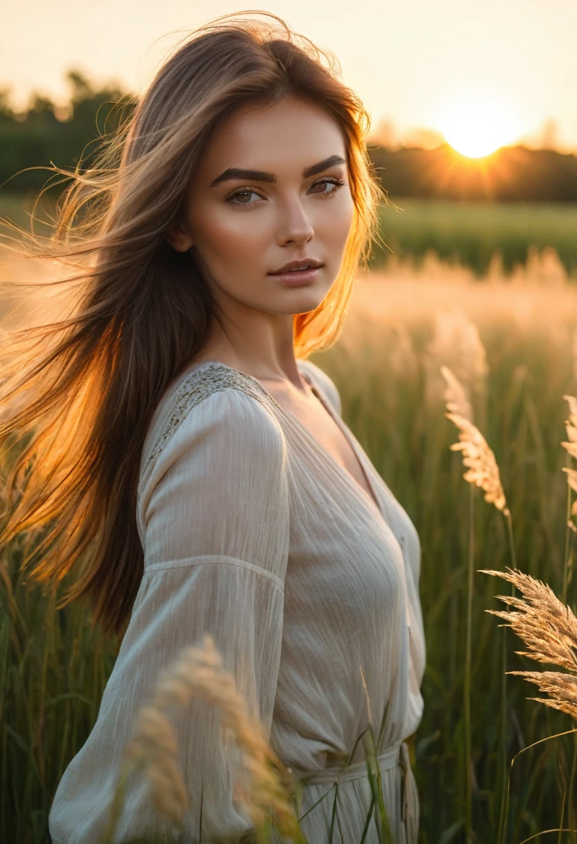 a woman standing in a field of tall grass with the sun setting, gorgeous woman, cinematic beautiful natural skin, attractive woman, attractive girl, photo of a beautiful woman, gorgeous attractive face, extremely beautiful face, in a field, beautiful female model, portrait of a beautiful model, soft portrait shot 8 k, beautiful delicate face, a beautiful young woman, attractive beautiful face
