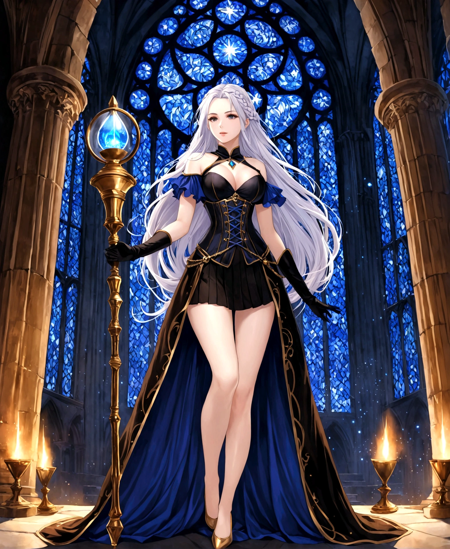 A woman, elemental mage, beautiful, pale skin, staff, gloves fitted to the hands, dawn, in the tower of a cathedral, surrounded by magic, fitted clothing, black clothing, pleated miniskirt, corset, low-cut blouse, hourglass body, shapely legs, medium hips, medium waist, medium breasts, extremely long hair combed in a braid,