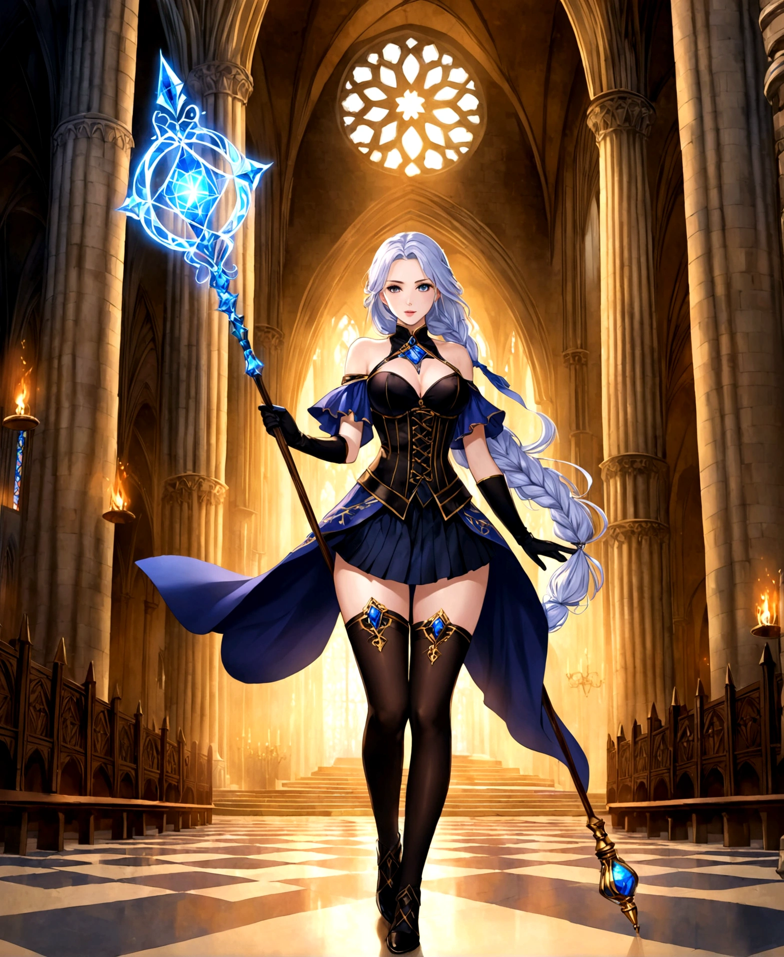 A woman, elemental mage, beautiful, pale skin, staff, gloves fitted to the hands, dawn, in the tower of a cathedral, surrounded by magic, fitted clothing, black clothing, pleated miniskirt, corset, low-cut blouse, hourglass body, shapely legs, medium hips, medium waist, medium breasts, extremely long hair combed in a braid,