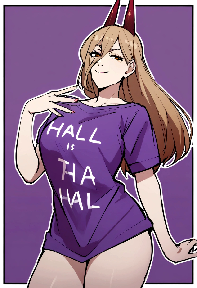 1 girl,smiling wearing a shirt ,big purple ,that borders the thigh , text is written on the shirt: Harl, with a bold look.,
