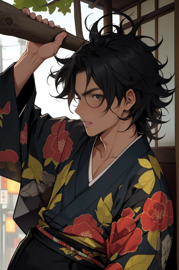 A boy, naughty man, adolescent, black hair, eyes black, posing, Wearing a kimono with black cargo pants, with messy hair