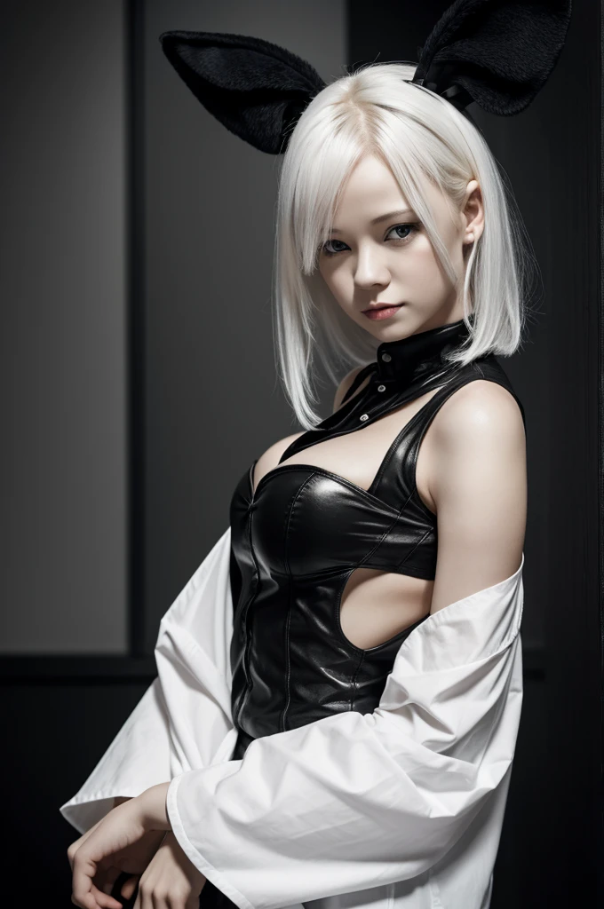 Sirocco terror, 1 woman, alone, chest, animal ears, shirt, split, white shirt, Gloves, Extra ears, choker, jacket, black choker, forehead, looking at viewer, collared shirt, black Gloves, white background, earring, large chest, simple background, animal ears 솜털, bijouterie, closed mouth, long sleeves, cowboy shot, Ahoge, open clothes,gray hair