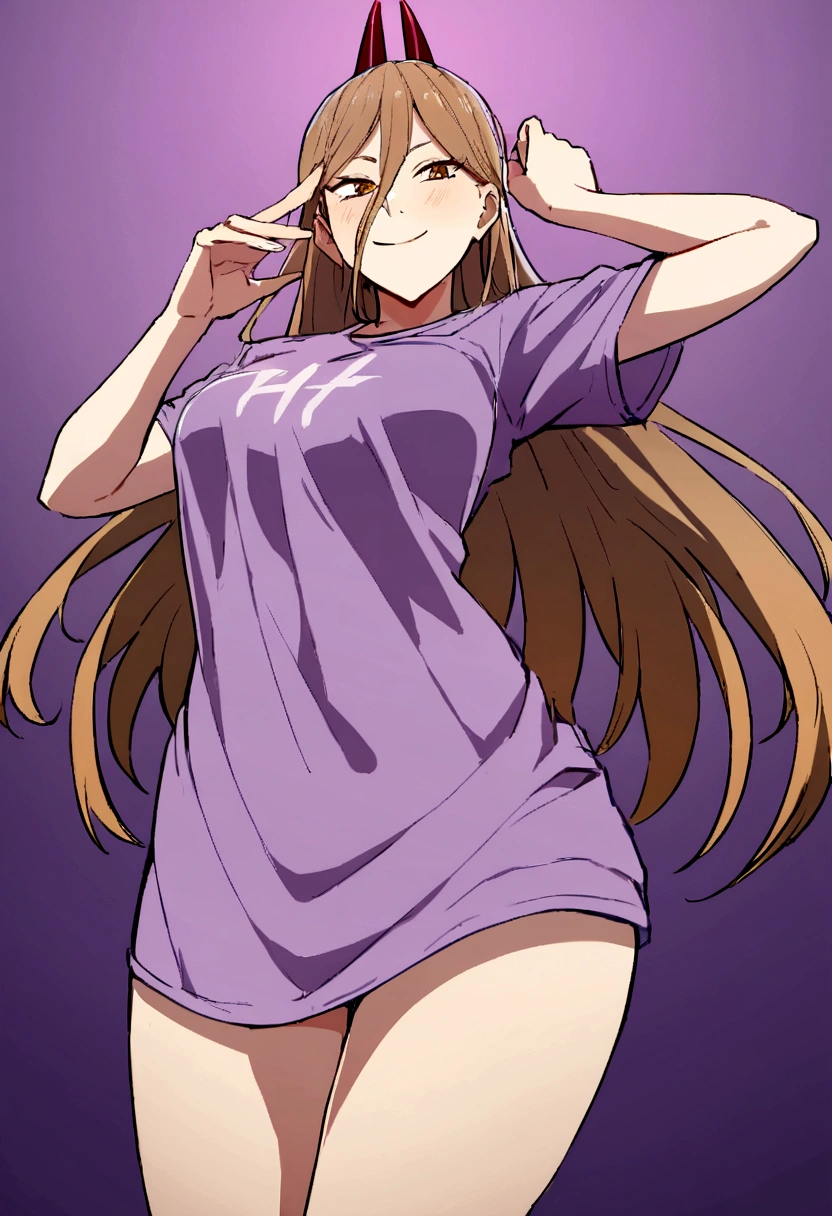 1 girl,smiling wearing a shirt ,big purple ,that borders the thigh , text is written on the shirt: Harl, with a bold look.,