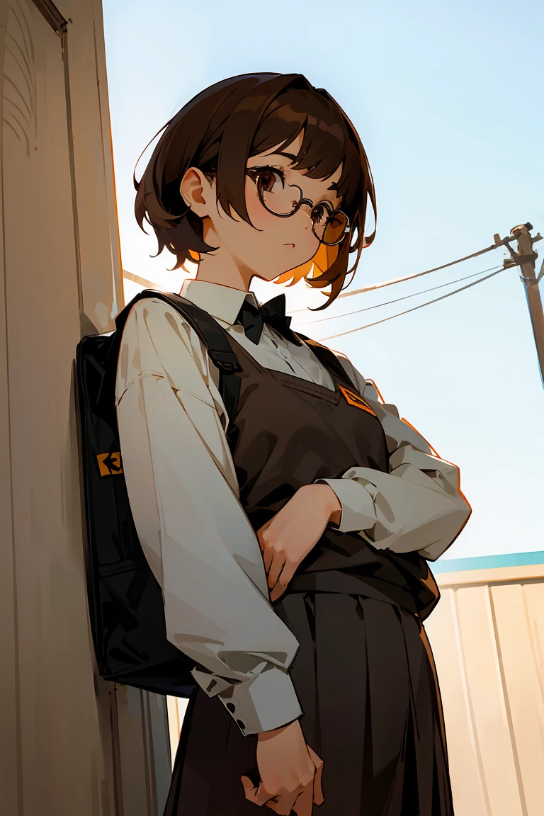 Girl with short brown hair, and brown eyes, wearing a school outfit, with black round glasses