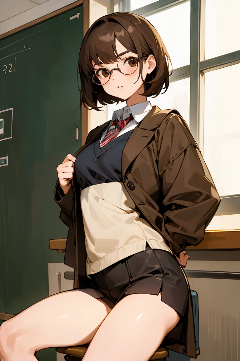 1 Cute naughty peasant girl, Pastel colors hair, medium breasts, Thighs, black hair, short hair, (low twintails), glasses, standard height, (anxious face:1,2、blush:1.2, quiet personality:1.2, shy), (naked), at the adventurer's guild, A bulletin board with posted paper