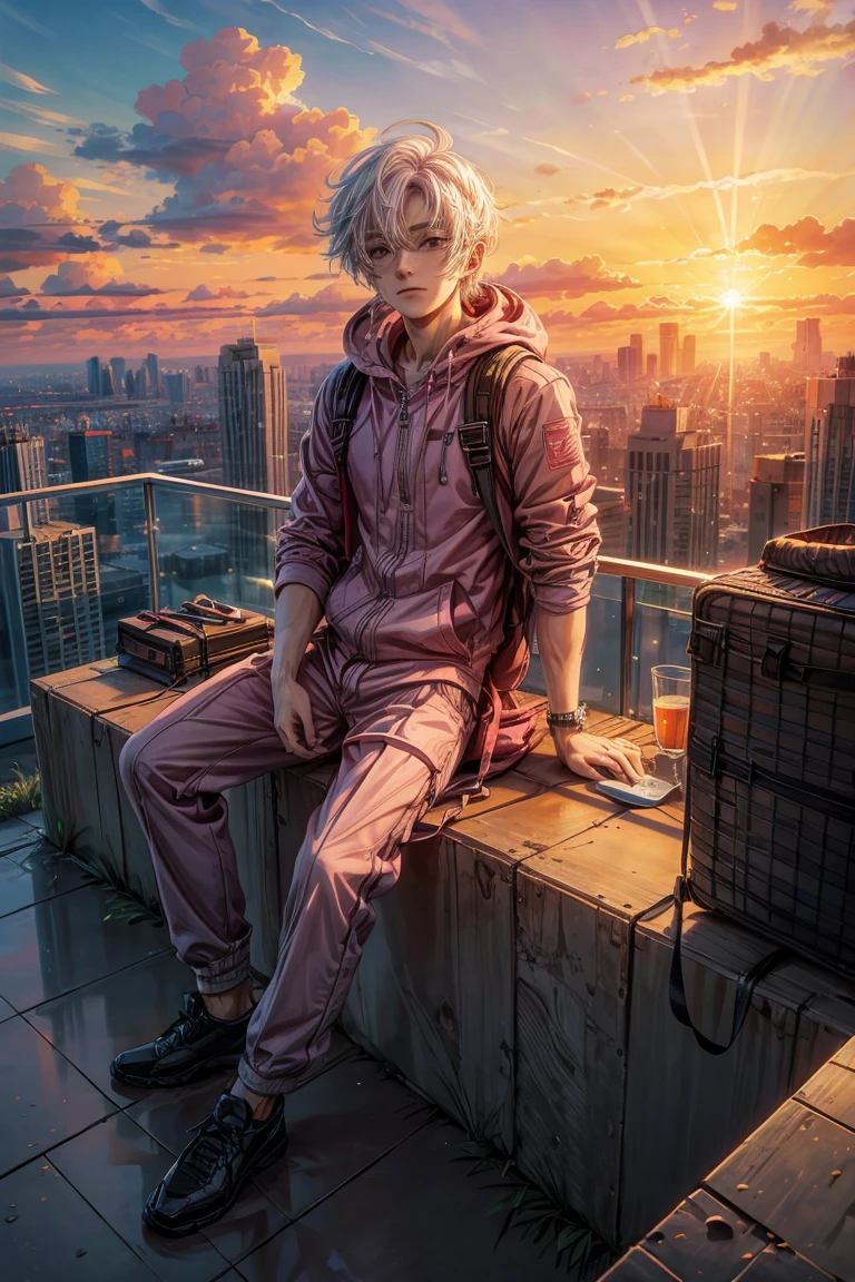 an image with a guy sitting on the edge of a tall building, looking out over an urban landscape at sunset or sunrise, The sky should be filled with orange and pink clouds, the sky should be high, cloudy, windy  , he wears headphones and has a backpack next to him, short hair, white hair, next to him is a glass of drink and a box of cakes, Creating a peaceful and open space, anime, 8k