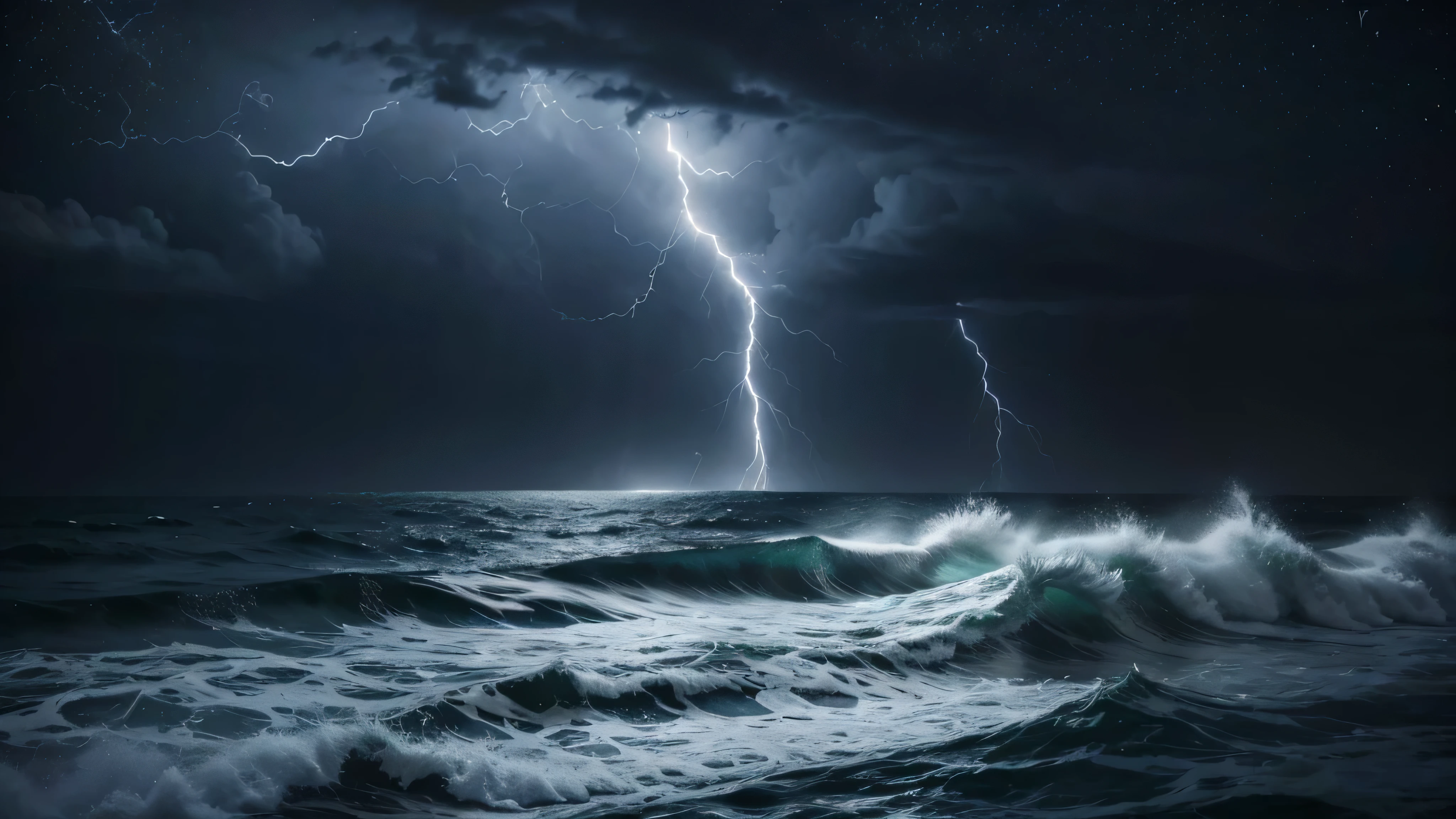 roughest ocean possible in a storm with lightning and the big moon lighting up the night sky