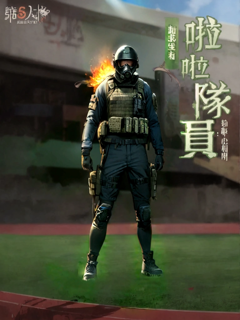 star15mod, (masterpiece), (best quality), (Extremely detailed), (Best Illustration Award),(The best shadow), Looking at the audience, Cowboy shooting, Fiery destroyed city background, Tactical equipment, Tactical Bag, (Gas Mask:0.8), Tactical Armor,