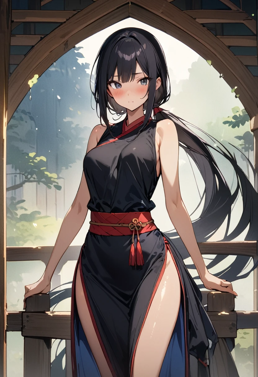 ((masterpiece,Highest quality;1.3,best illustration)),cowboy shot,1woman、独奏,30 year old beauty,((very small head:1.3)),black hair,(low ponytail),long hair,bangs,black eyes,gorgeous eyes,blush,medium breasts,(very long body:1.3),(toned body,slender body,skinny),gleaming skin,shiny skin,oily skin,(Female Ninja Costume)、No sleeve,Side slits,Black kimono、medieval Japan、