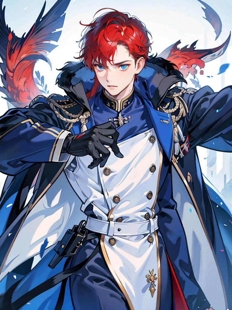 Alone,navy,light blue military uniform,dark blue cloak,Red hair,Adult male,no beard,command