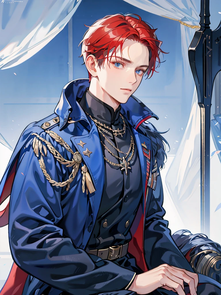 Alone,navy,light blue military uniform,dark blue cloak,Red hair,Adult male,no beard,command