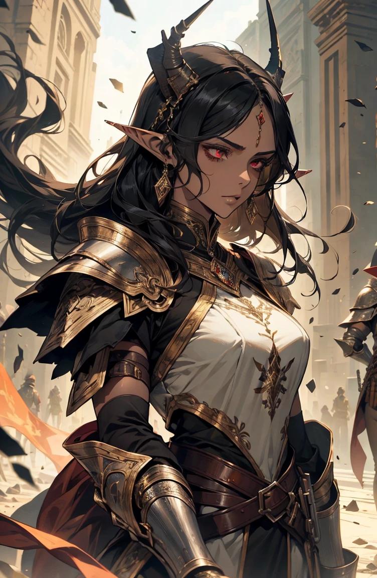 brown skin, older woman, sexy, tall, brown skin, one wing, black hair, elf, elf ears, horns, red eyes, sleeveless, armor, war, yellow, dramatic composition