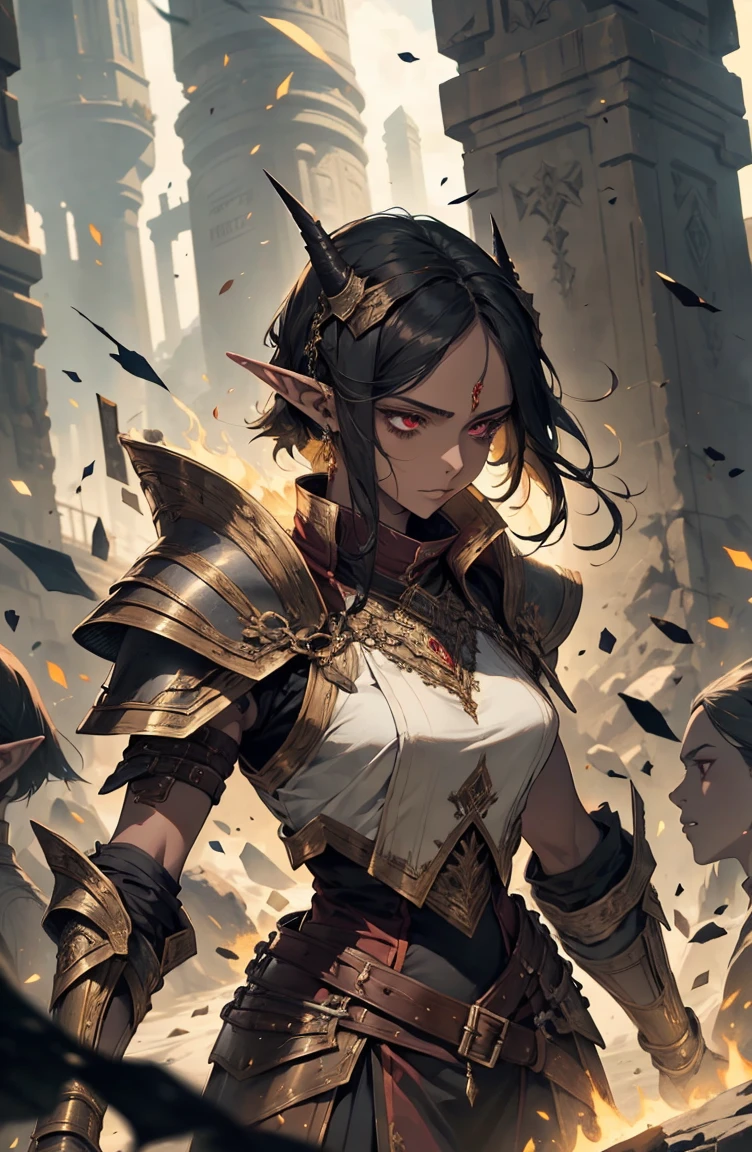 brown skin, older woman, sexy, tall, brown skin, one wing, black hair, elf, elf ears, horns, red eyes, sleeveless, armor, war, yellow, dramatic composition
