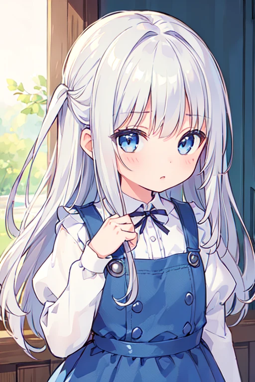 (best quality, masterpiece:1.2), ultra detailed, extremely detailed eyes and face, natural skin texture, detailed skin, natural lighting,
 chibi, 1 girl, 12-years-old, (cute),
 silver hair, middle hair, straight hair, shiny hair,
 blue eyes,
 flat chest,
 pinafore dress,
 upper body,